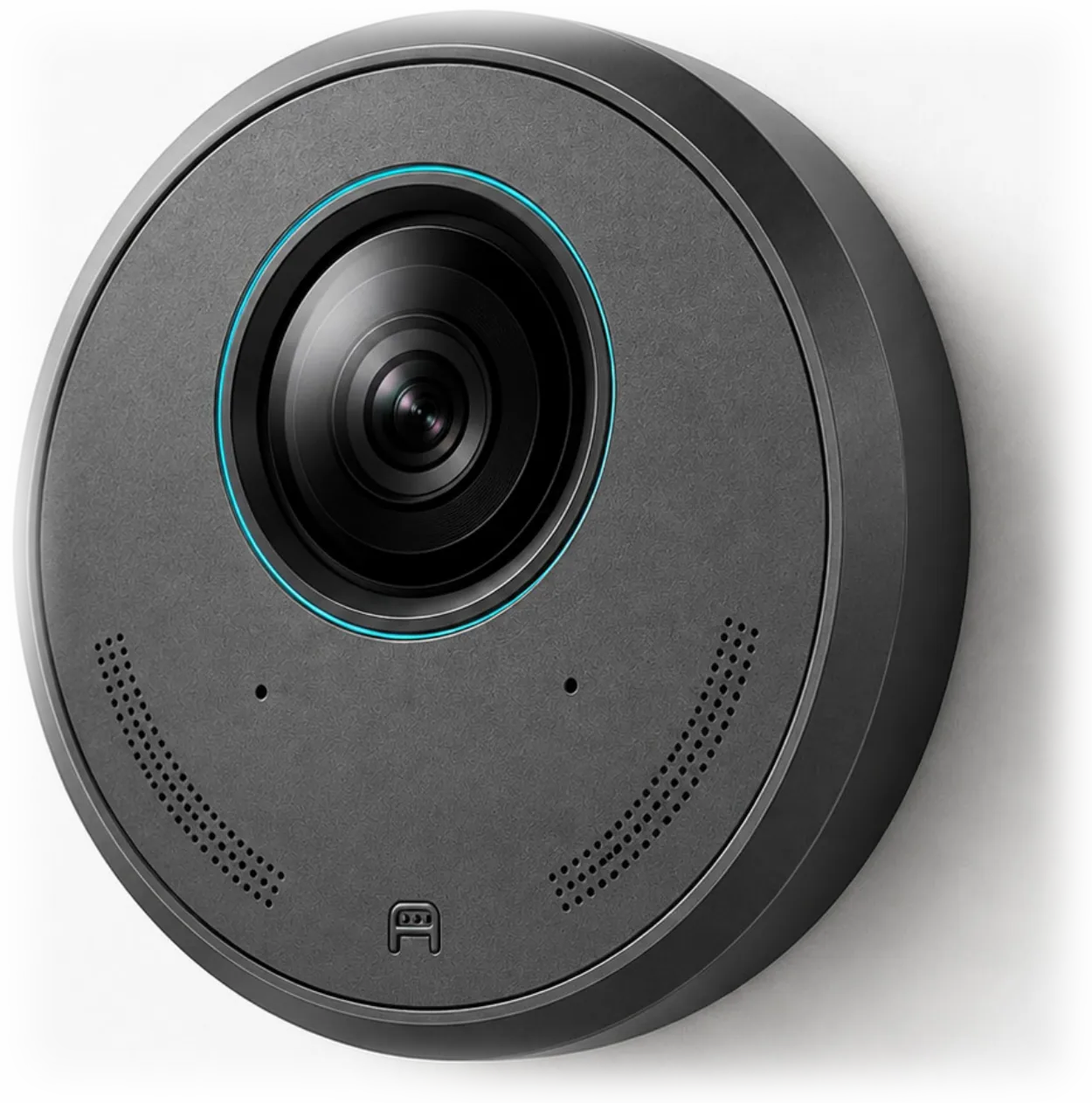 The KragAi unit: a round charcoal dome with a wide camera lens ringed in teal, flanked by microphone arrays.